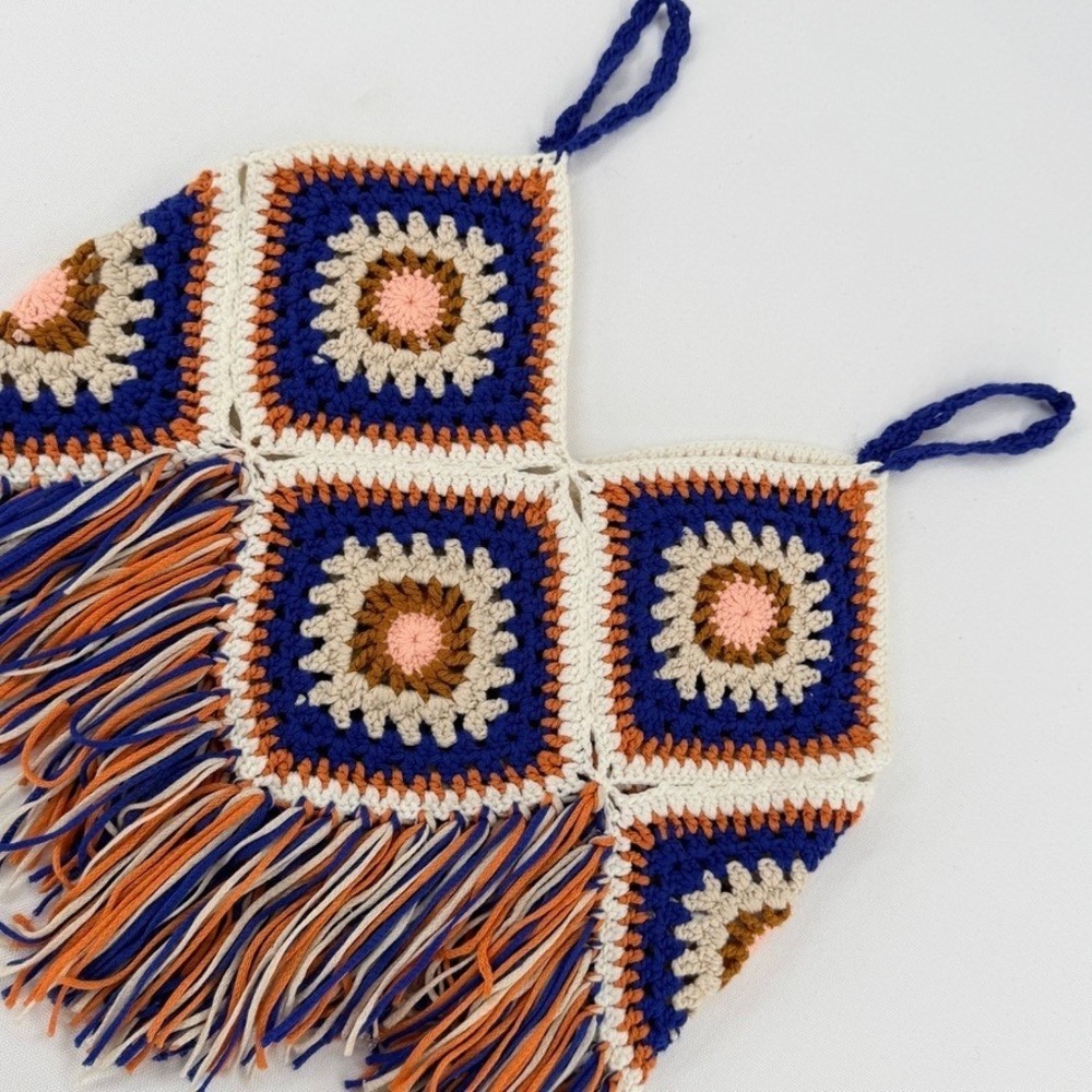 En Creme Crochet Fringe Tank Top Boho Festival Granny Square S/M - Picture 11 of 13